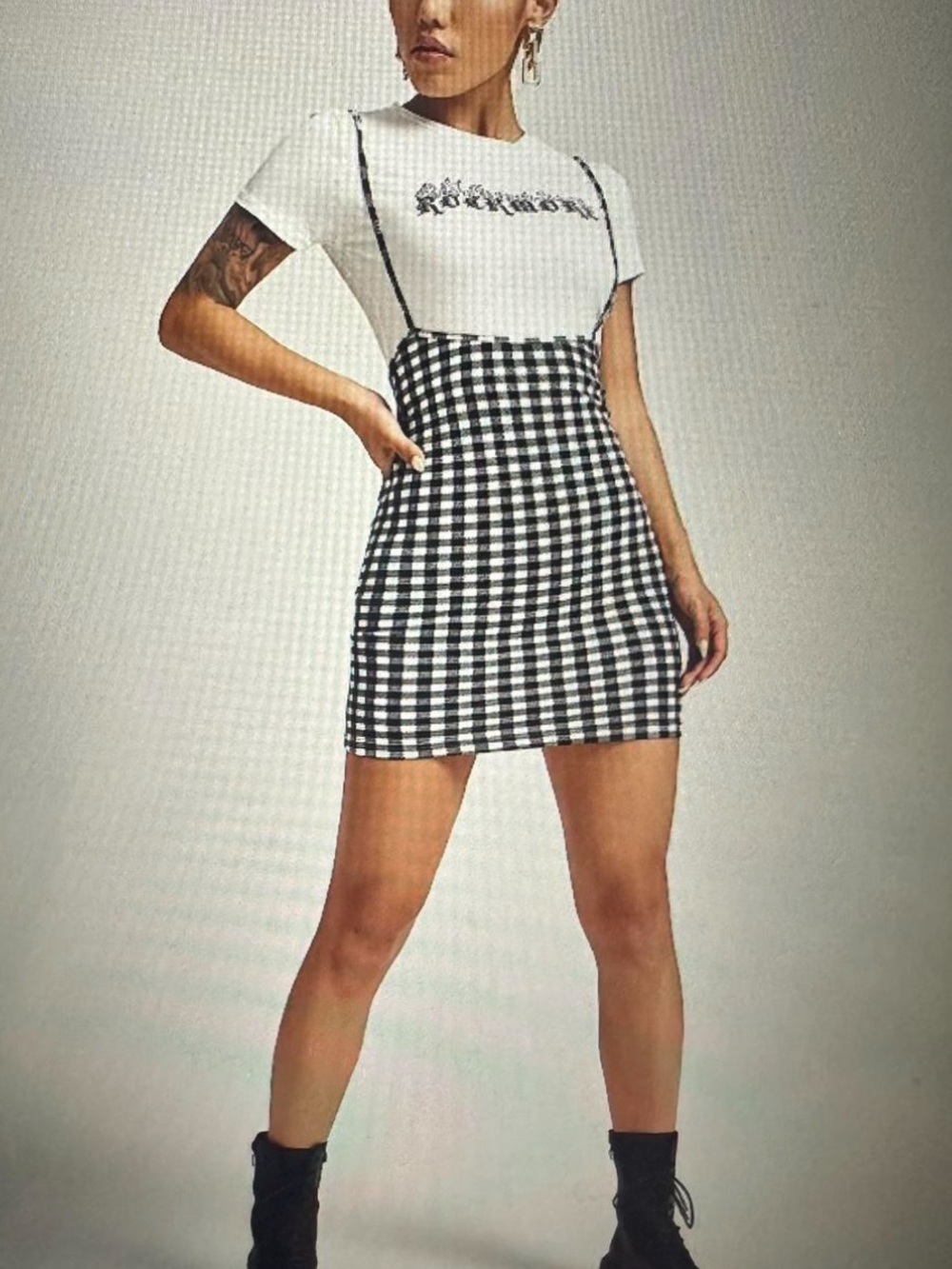 Gingham Mini Suspender Skirt - Black & White